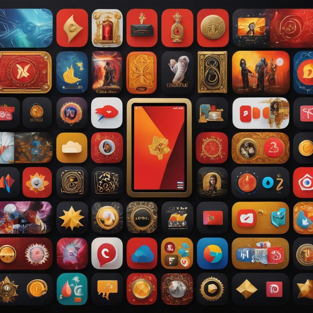A collage of diverse adult streaming thumbnails showcasing various genres, with vibrant icons and symbols representing their themes, set against a sleek dark background. In the center, a glowing tablet displays a play button, suggesting engagement with the content. Accents of red and gold to capture attention and evoke excitement. modern digital art. vibrant colors. high contrast.