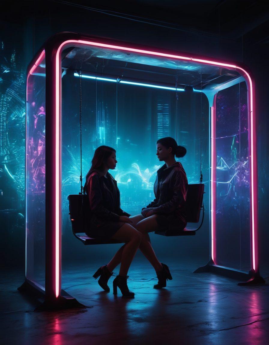An enticing and whimsical digital playground, showcasing a blend of fantasy and technology. Include playful elements like swings made of glowing pixels and slides resembling streaming data. Incorporate silhouettes of diverse people enjoying the space, hinting at eroticism without explicit content. Use vibrant neon colors against a dark background to evoke a mysterious and alluring atmosphere. cyberpunk. vibrant colors. 3D.